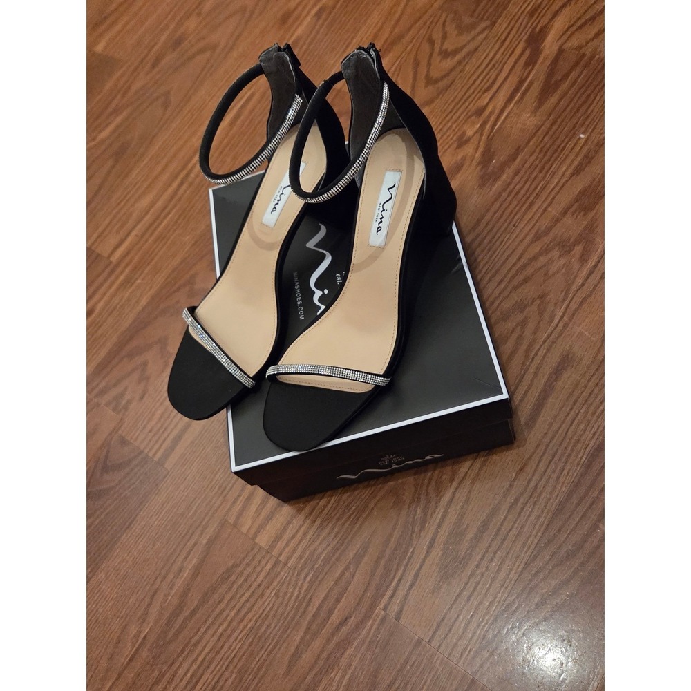 Nina Barby-LS Black Luster Satin Rhinestone Ankle Strap Block Heel Sandals 9M